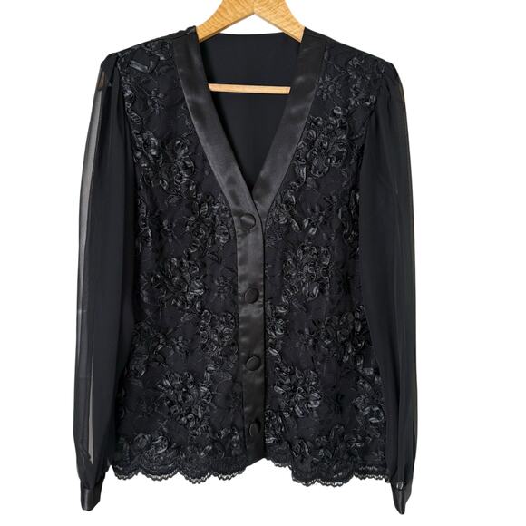 Vintage 80s Embellished Appliqué Blouse Jacket Long Sheer Sleeves Black, 16‎ - Picture 1 of 7